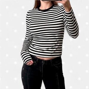 SHEIN Black and White Striped Long Sleeve Top